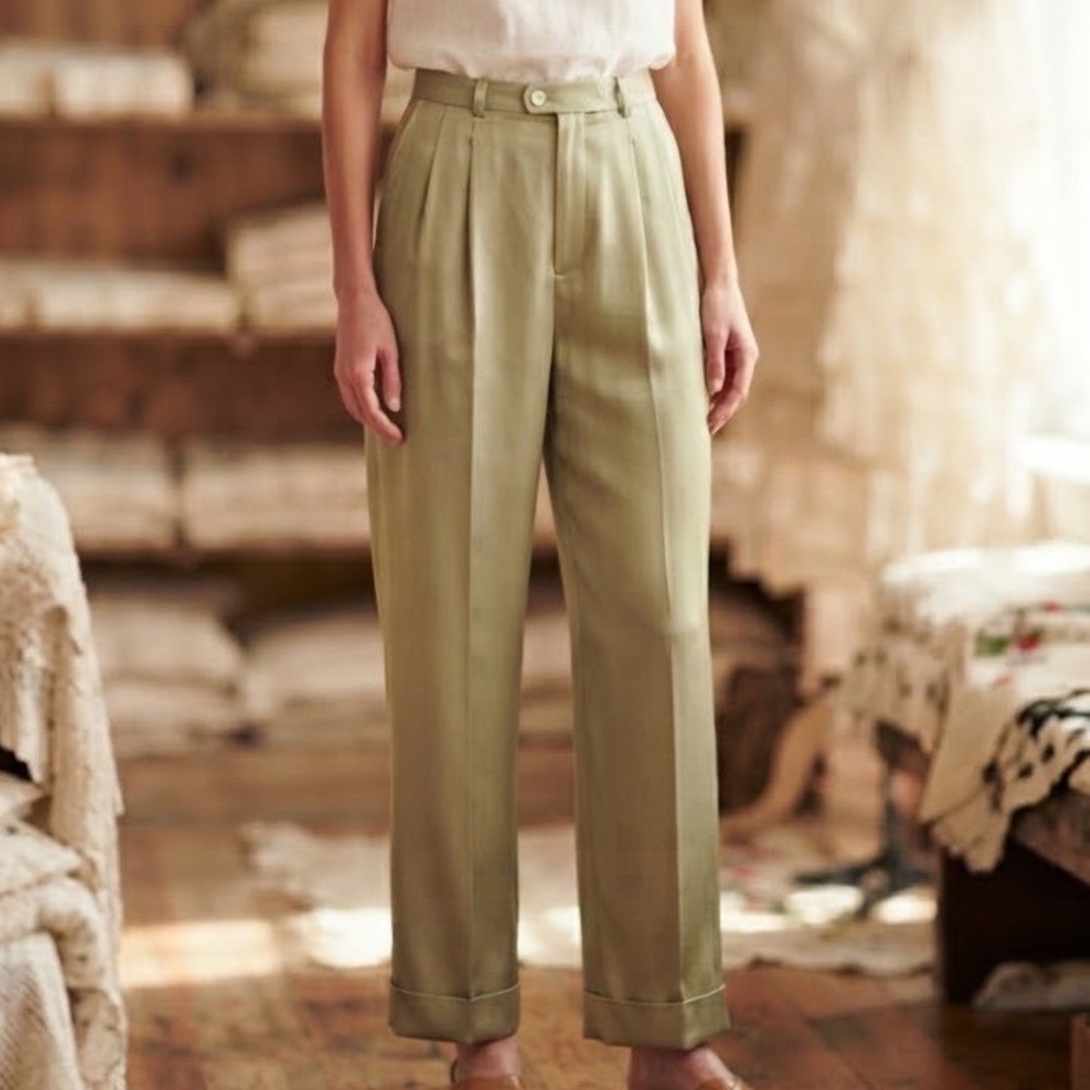 Tommy Bahamavtg 100% Silk Pleated Trousers Sage Green High Waist Cuffed Pants